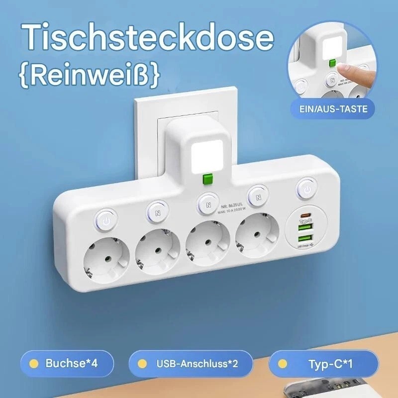 Adaptador de regleta multienchufe paneuropeo de 4 tomas (UE) con USB