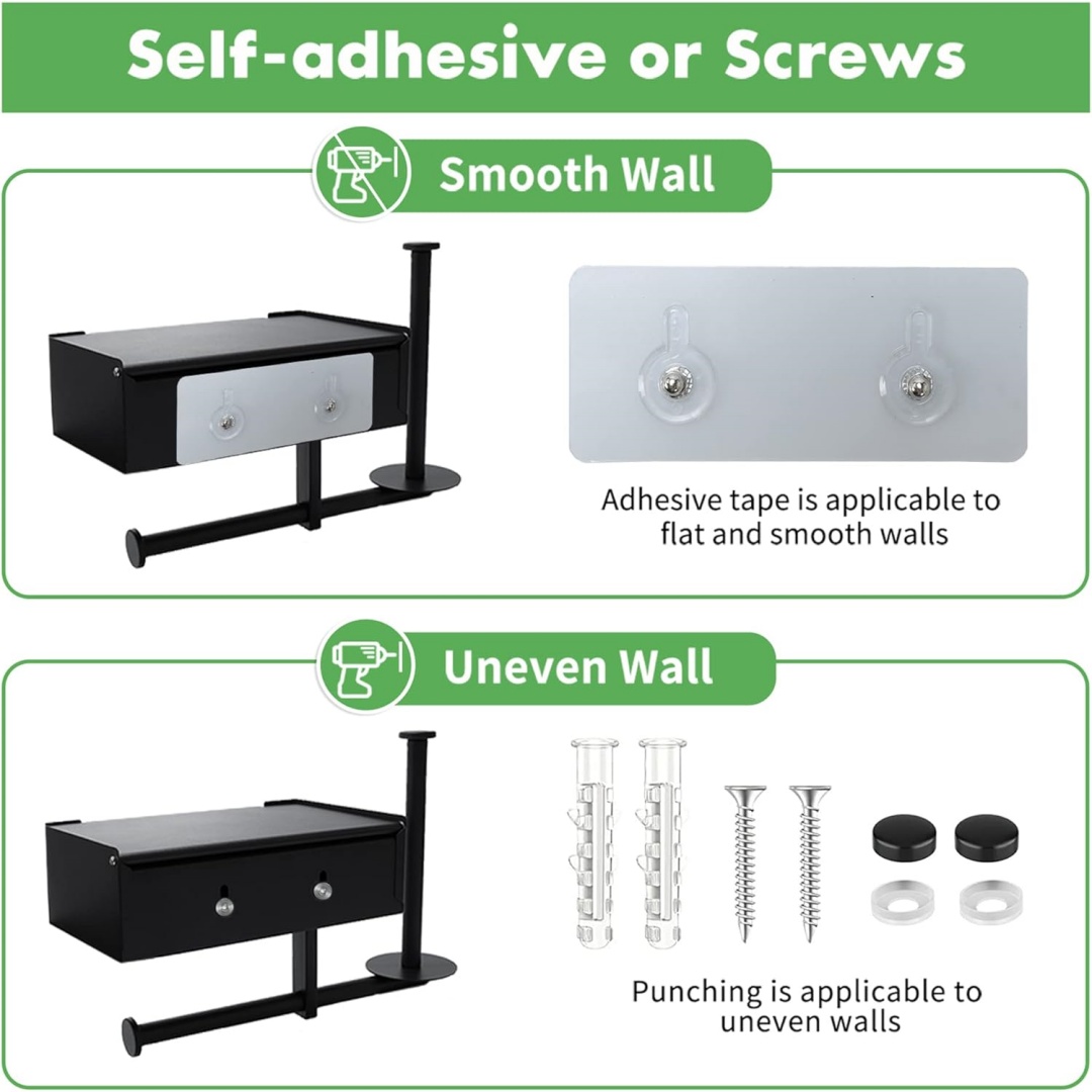 Soporte de pared para papel higiénico con estantes y compartimento para toallitas, soporte para papel higiénico con 2 rollos. - Imagen 4