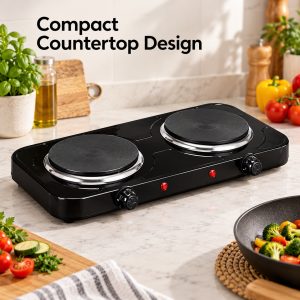 Hornillo Eléctrico Doble Negro con una Potencia de 2000W, Ideal para diversas necesidades de cocina