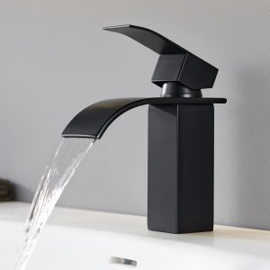 Grifo de lavabo Cecipa Max Black con diseño de cascada, monomando, ahorra agua, latón negro mate, modelo UE.
