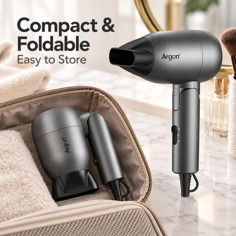 Secador de pelo de argón con potencia de 1500W en un elegante acabado negro mate y plata oscura.