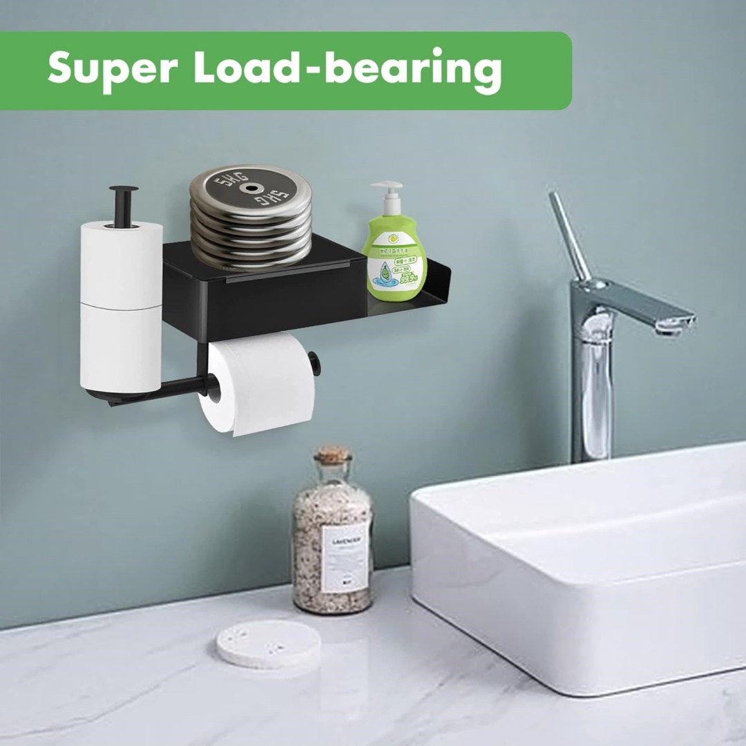 Soporte de pared para papel higiénico con estantes y compartimento para toallitas, soporte para papel higiénico con 2 rollos. - Imagen 5