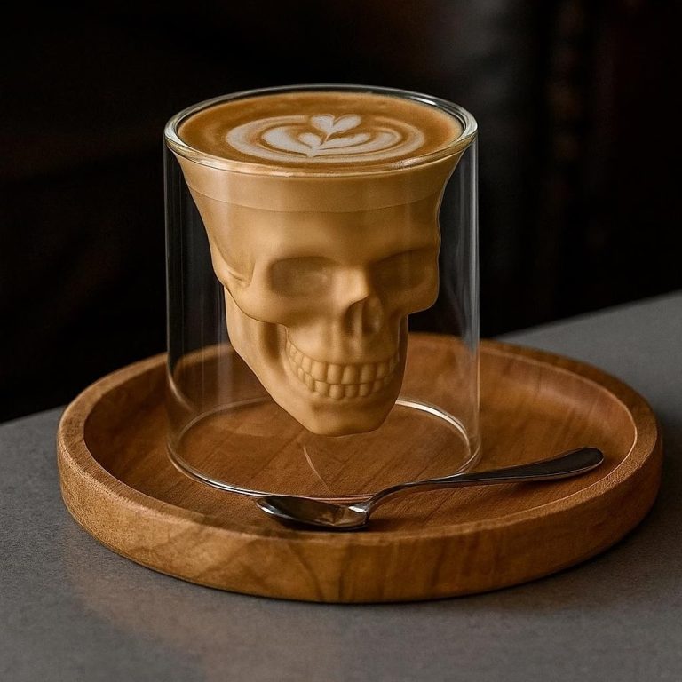 Taza de cristal de doble pared con forma de calavera, hecha a mano, para café, té o cócteles.