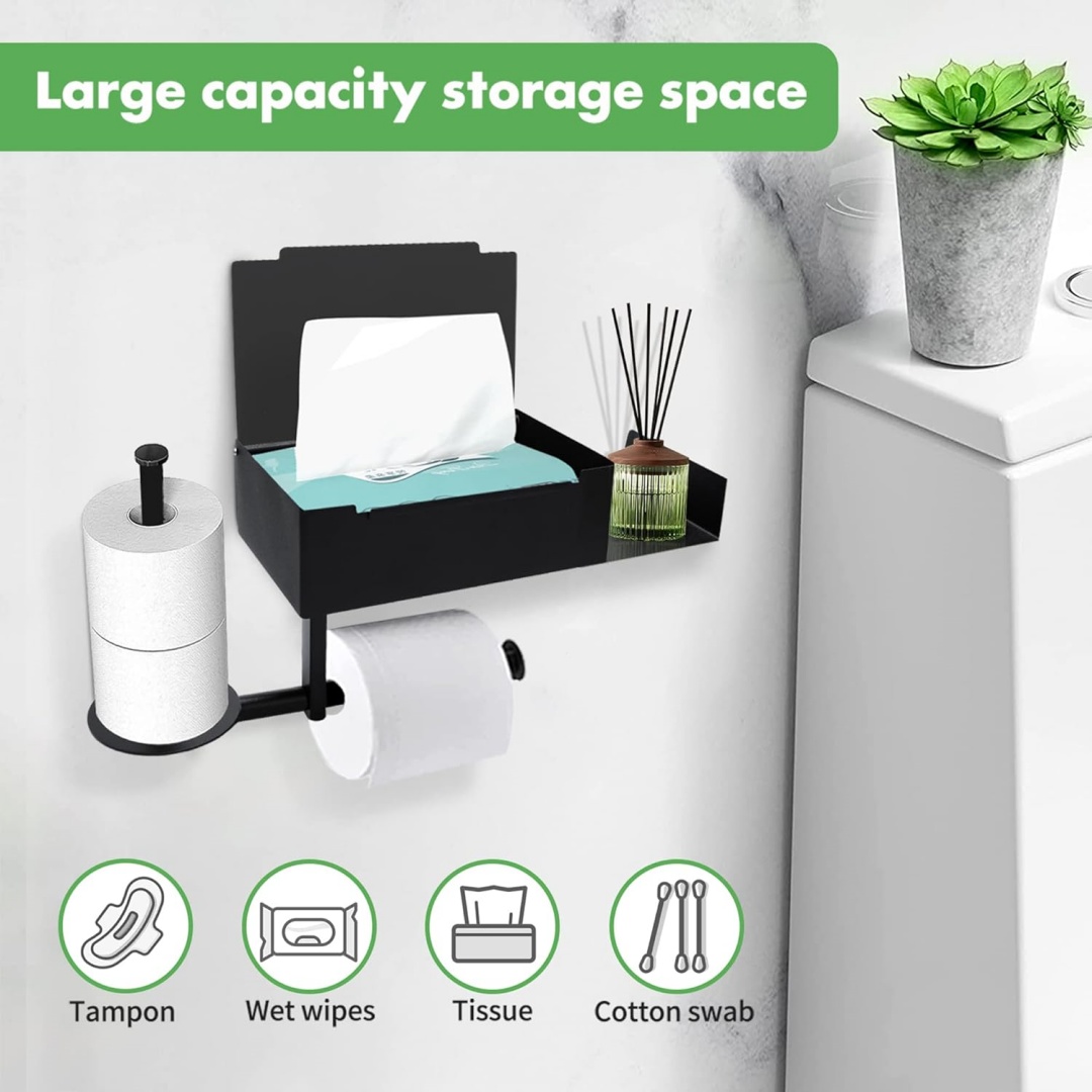 Soporte de pared para papel higiénico con estantes y compartimento para toallitas, soporte para papel higiénico con 2 rollos. - Imagen 3