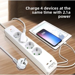 Regleta multitoma de alimentación paneuropea de 4 vías con 2 puertos USB-A y 2 puertos USB-C