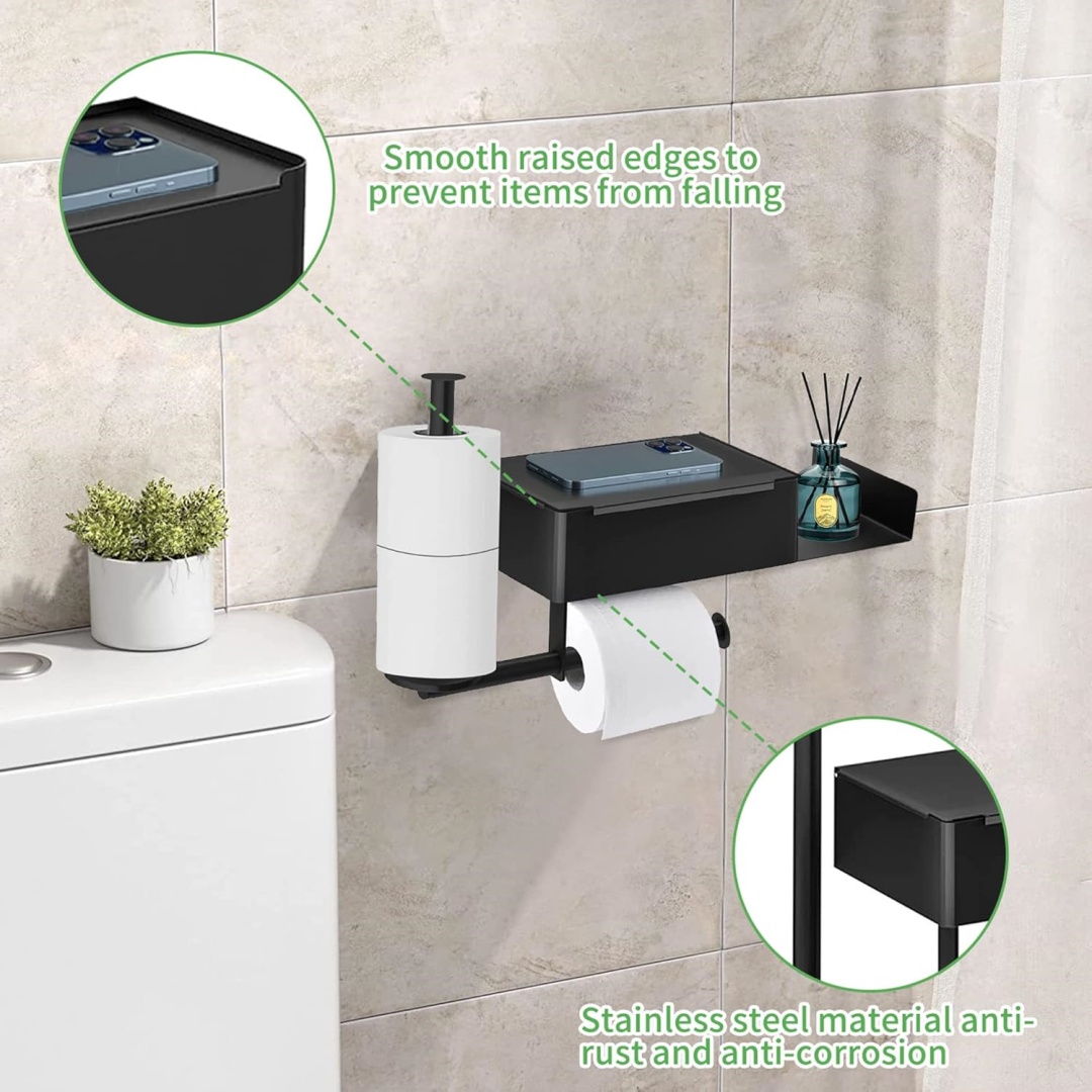 Soporte de pared para papel higiénico con estantes y compartimento para toallitas, soporte para papel higiénico con 2 rollos. - Imagen 2