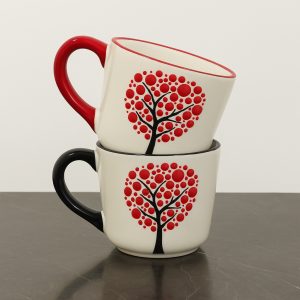 Juego de 2 tazas de cerámica hechas a mano con diseño de árbol y corazón en relieve