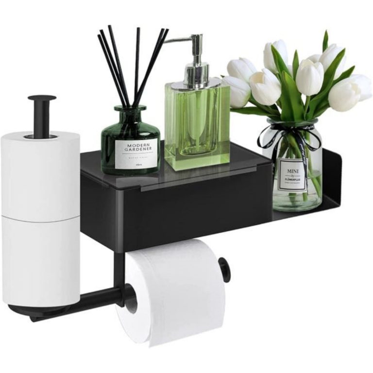 Soporte de pared para papel higiénico con estantes y compartimento para toallitas, soporte para papel higiénico con 2 rollos.