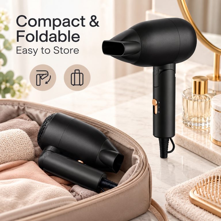 Secador de pelo de argón en acabado negro mate y dorado, diseñado para ofrecer potencia y versatilidad con un diseño plegable ideal para el uso diario o para viajar.